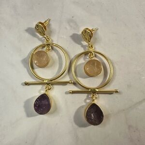 Amethyst Drop Earrings Gold Geometric Statement Earrings